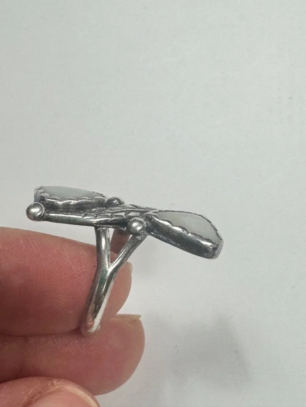 Native American Mother of Pearl Ring Approx Sz 6 2 Stone Sterling Silver Stamped